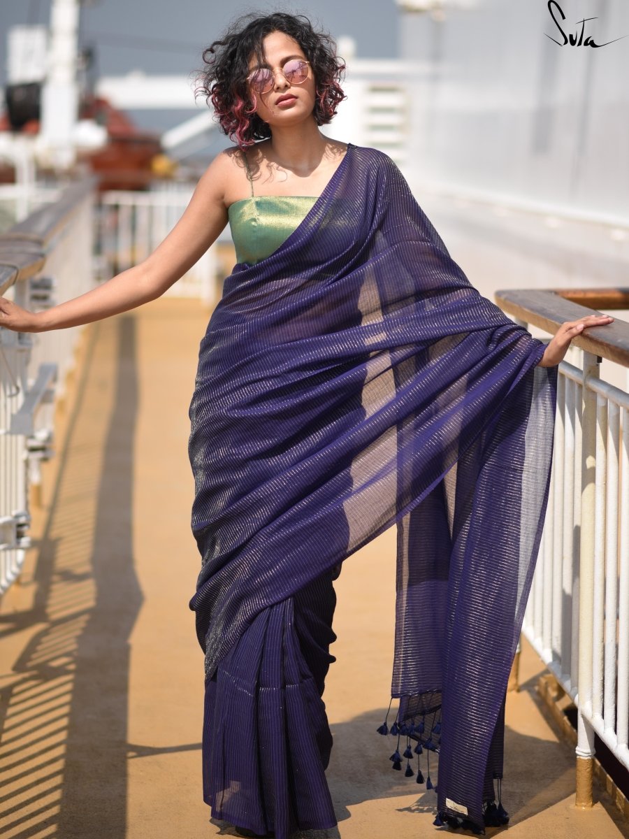 Navy Handloom Cotton Zari Saree With Tassels