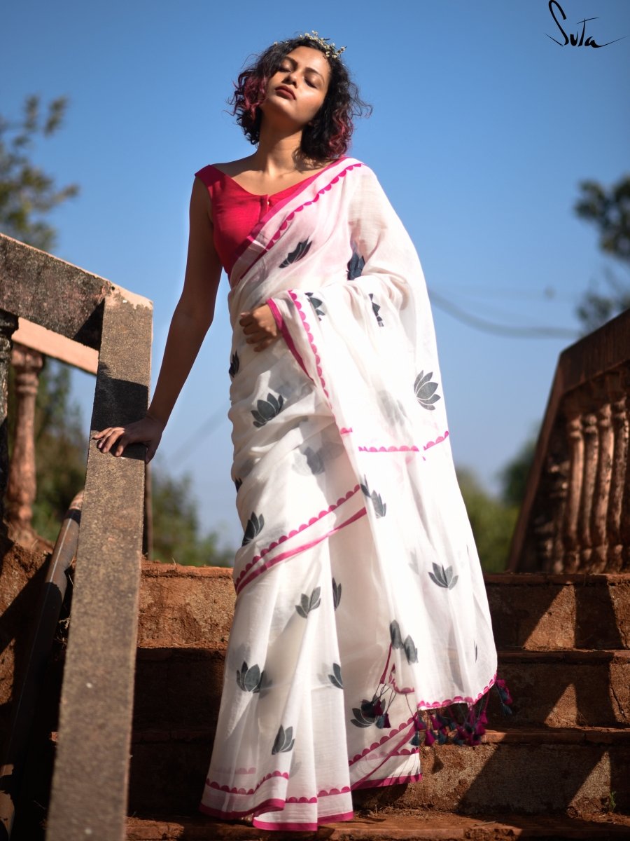 White Mulmul Cotton Floral Print Saree With Tassels