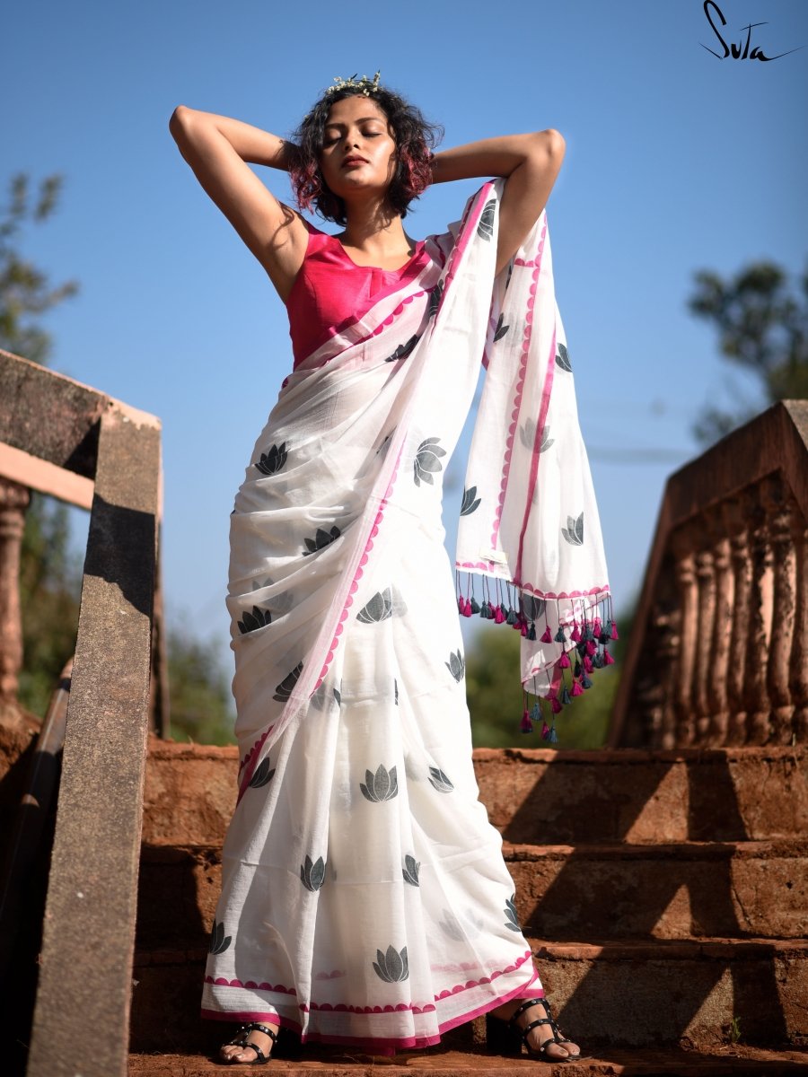 White Mulmul Cotton Floral Print Saree With Tassels