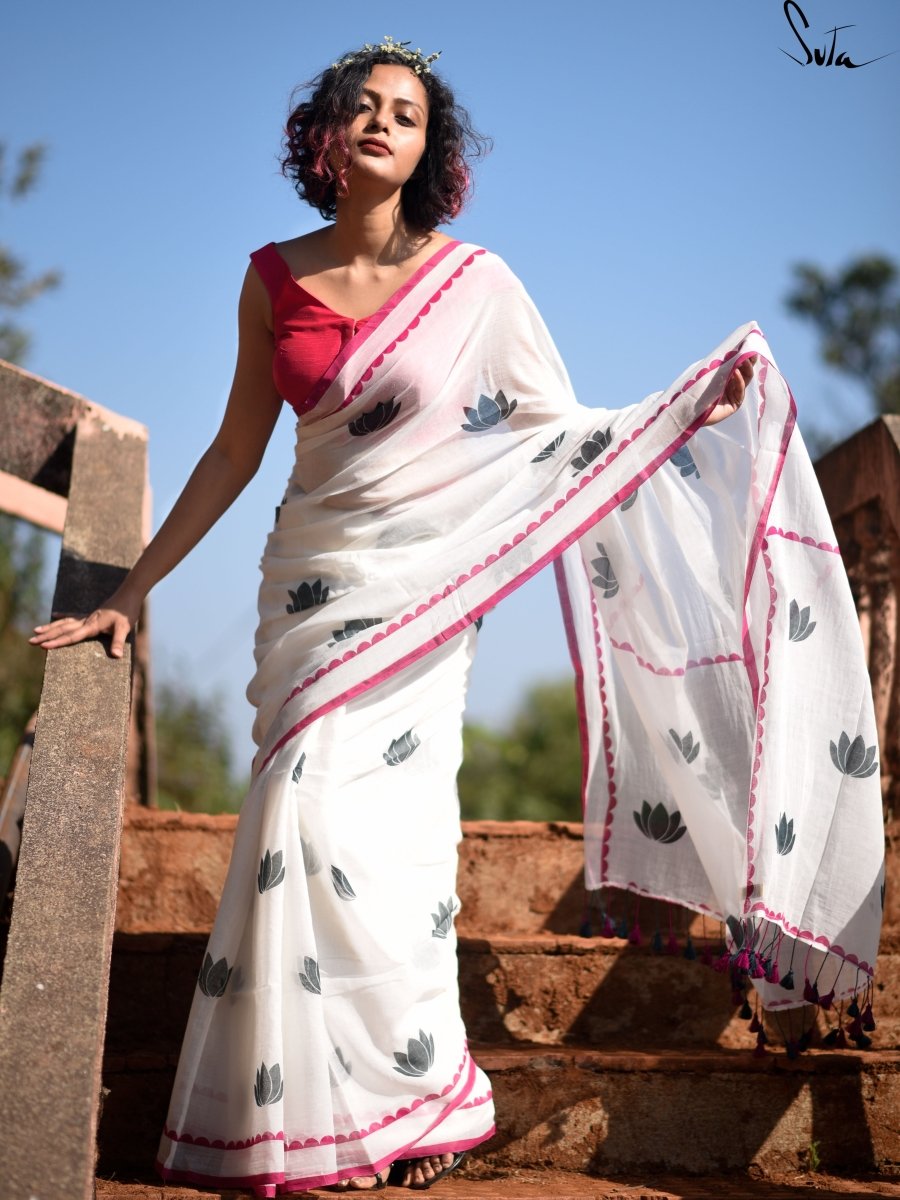 White Mulmul Cotton Floral Print Saree With Tassels