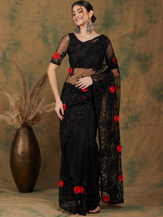 Black Floral Embroidered Saree