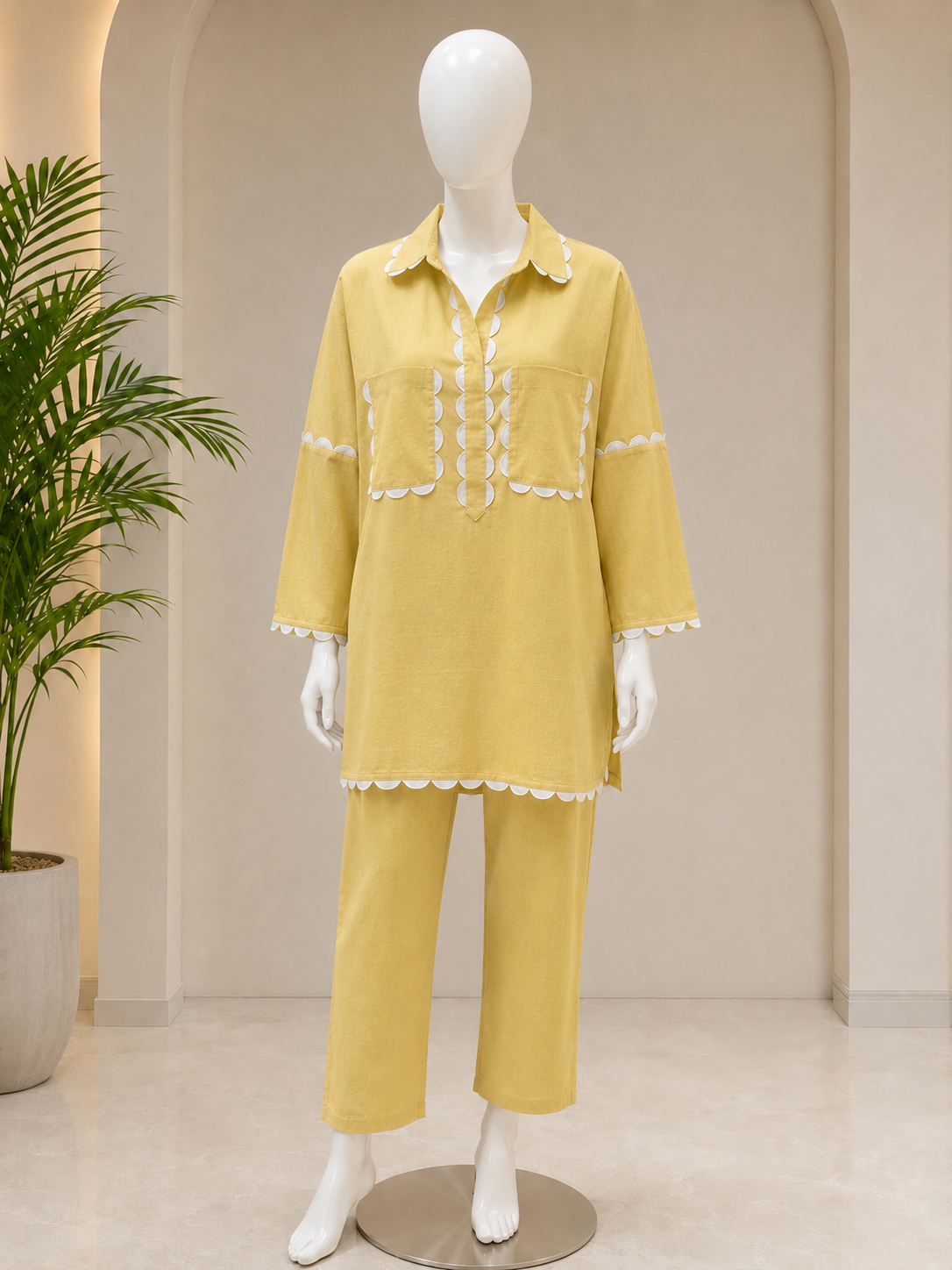 Pure Linen Cotton Aaina Co-ordset - Yellow