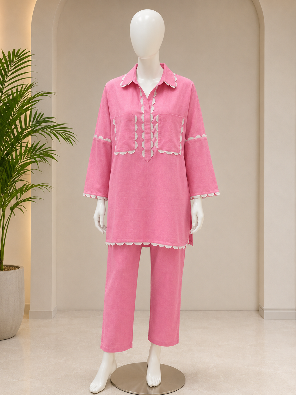 Pure Linen Cotton Aaina Co-ordset - Pink