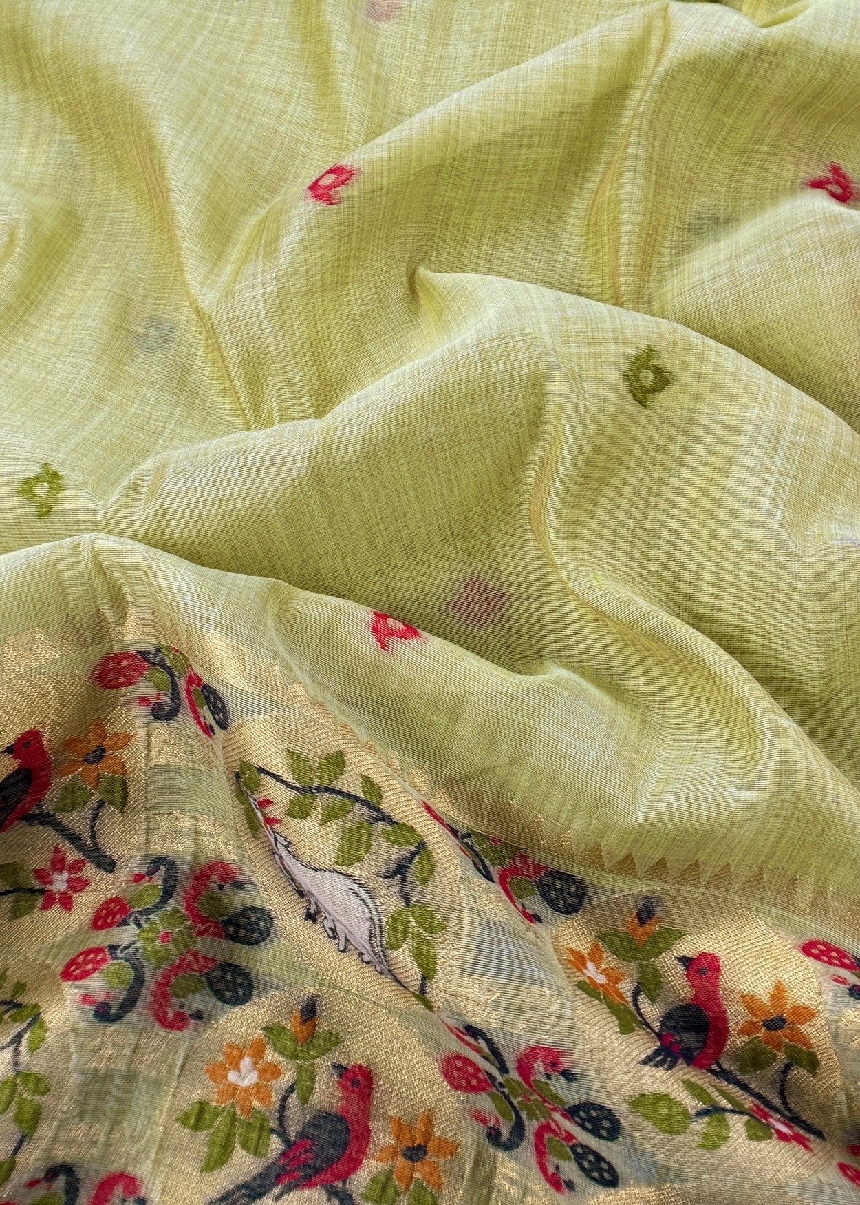 Green Linen Chanderi Suit With Cow Pichwai Jamdani Weaving