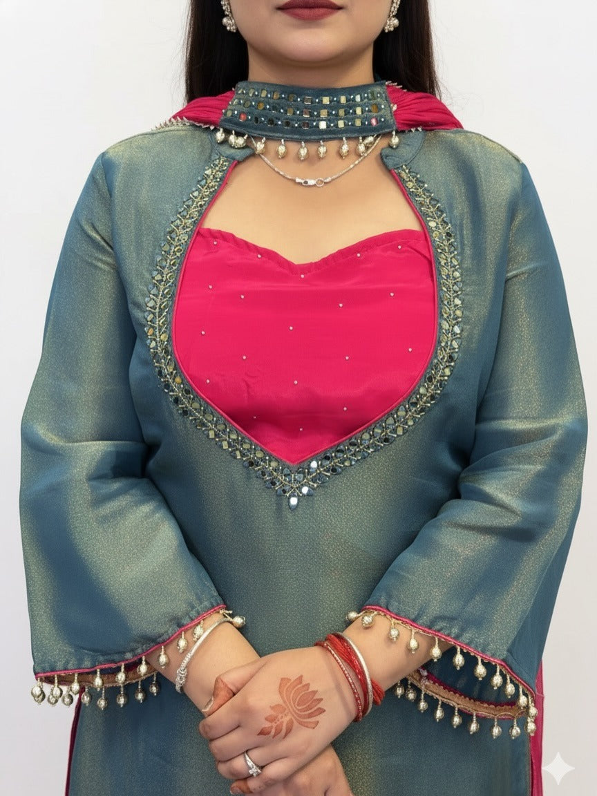 Royal Blue & Fuchsia Mirror Embroidered Suit Set