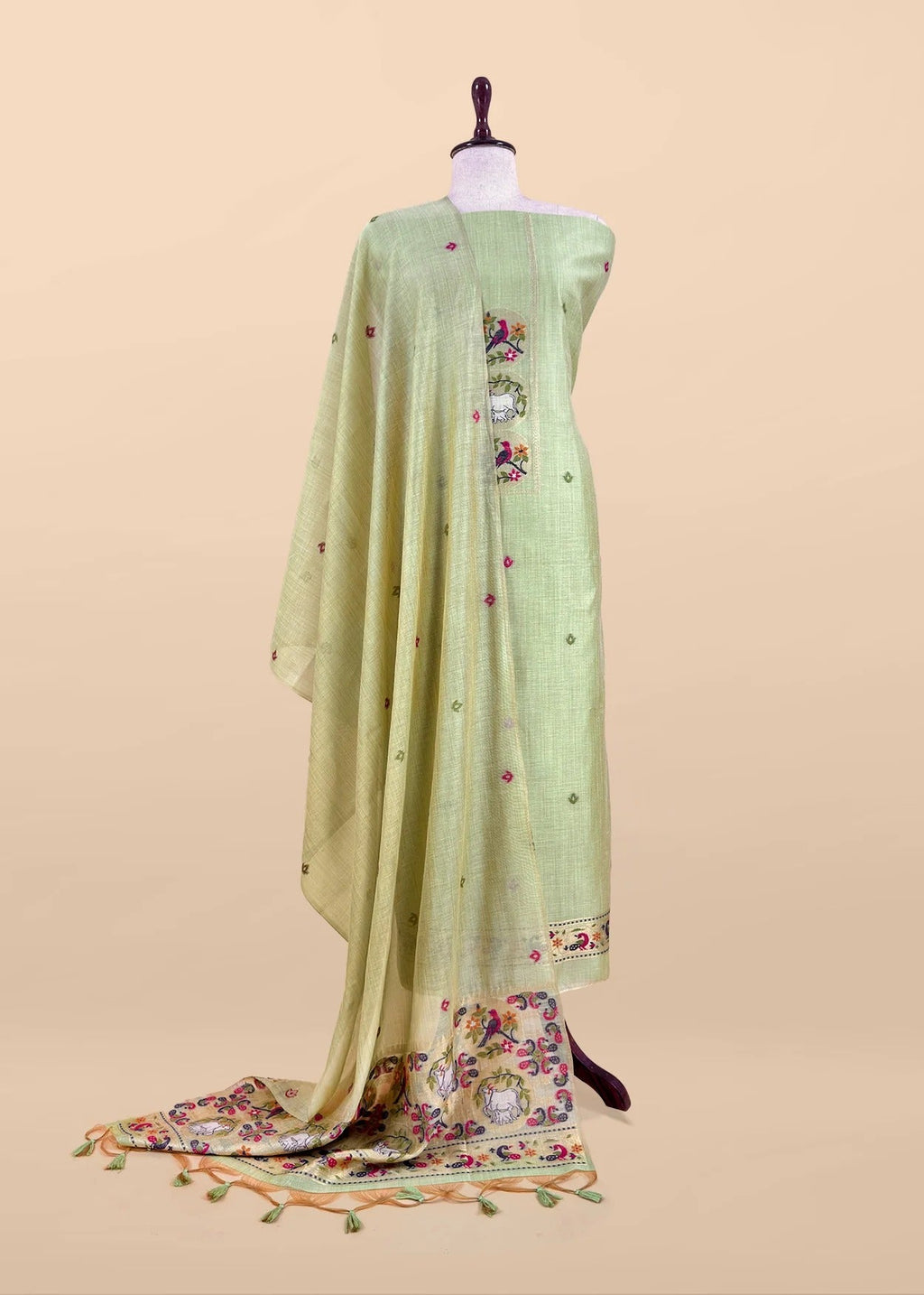 Green Linen Chanderi Suit With Cow Pichwai Jamdani Weaving