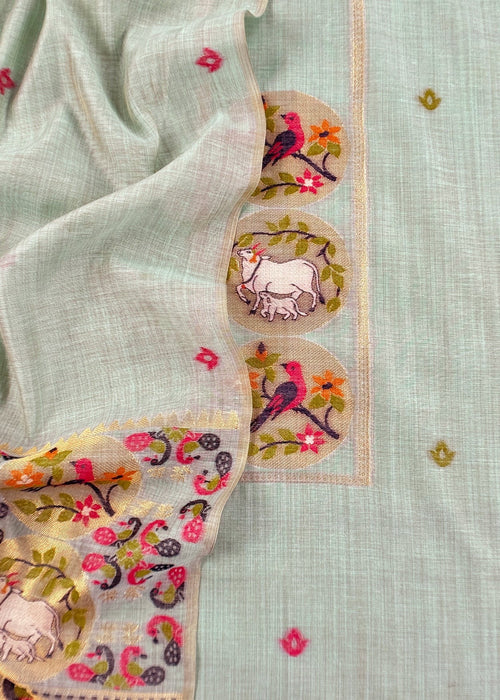Blue Linen Chanderi Suit With Cow Pichwai Jamdani Weaving
