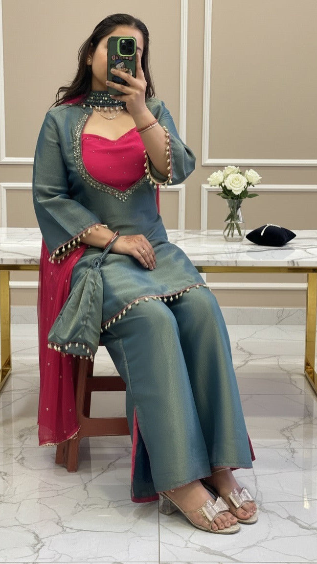 Royal Blue & Fuchsia Mirror Embroidered Suit Set
