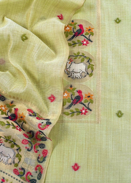 Green Linen Chanderi Suit With Cow Pichwai Jamdani Weaving