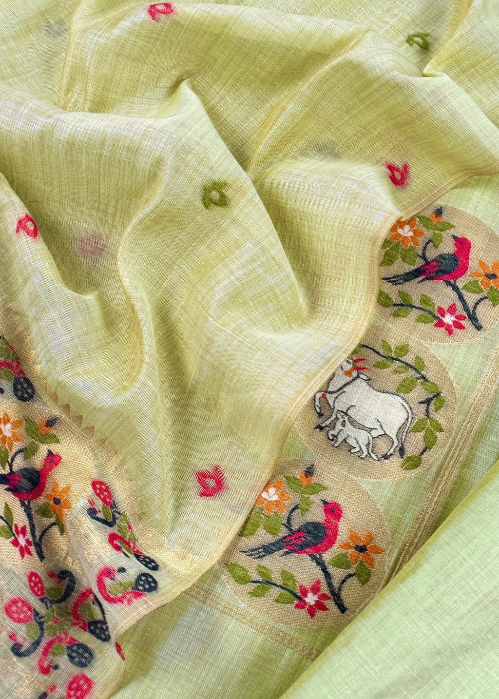 Green Linen Chanderi Suit With Cow Pichwai Jamdani Weaving
