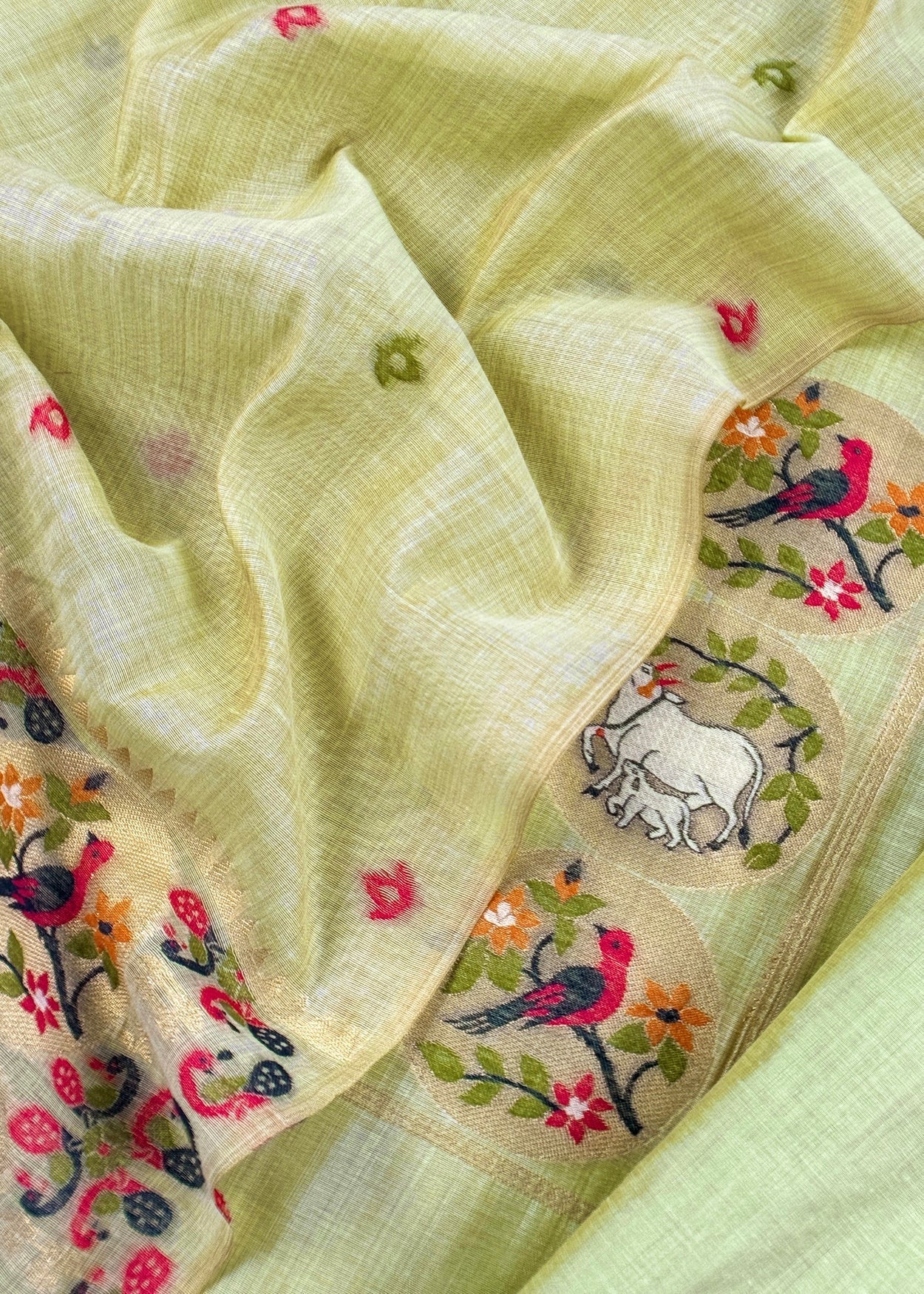 Green Linen Chanderi Suit With Cow Pichwai Jamdani Weaving