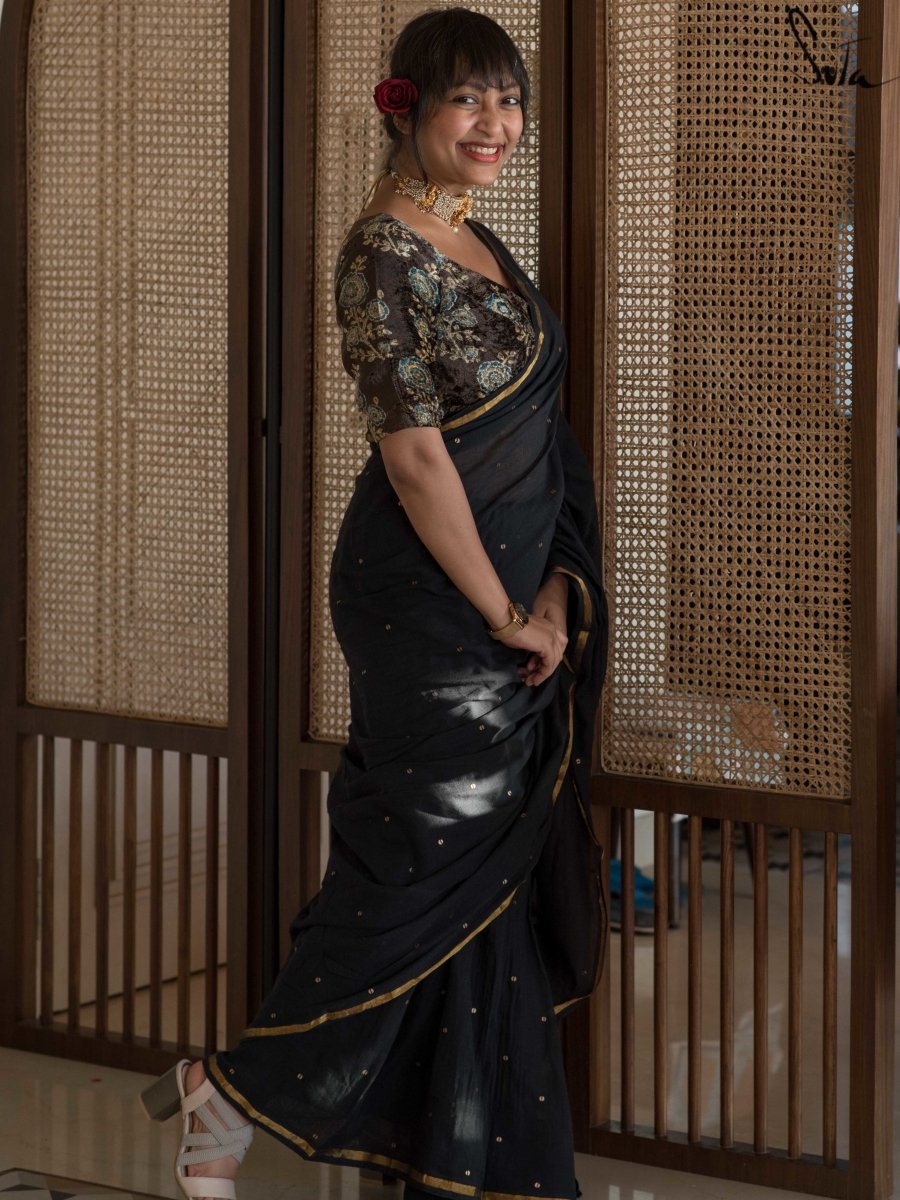 Black Handloom Cotton Soft Saree With Sequins