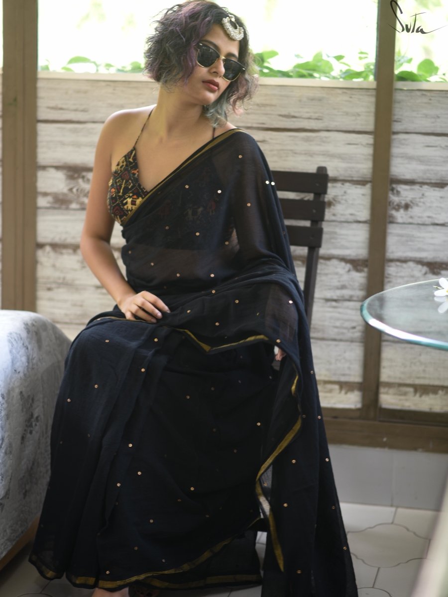 Black Handloom Cotton Soft Saree With Sequins