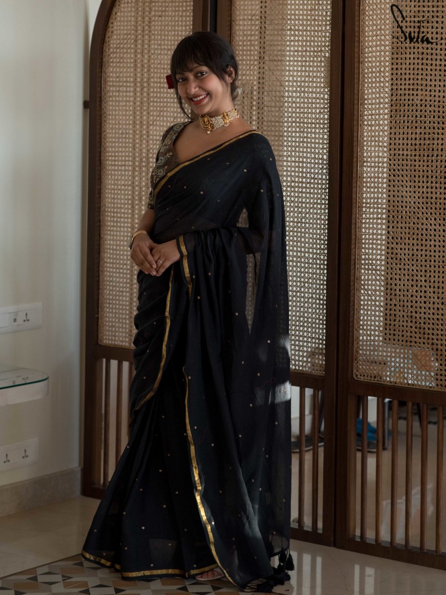 Black Handloom Cotton Soft Saree With Sequins