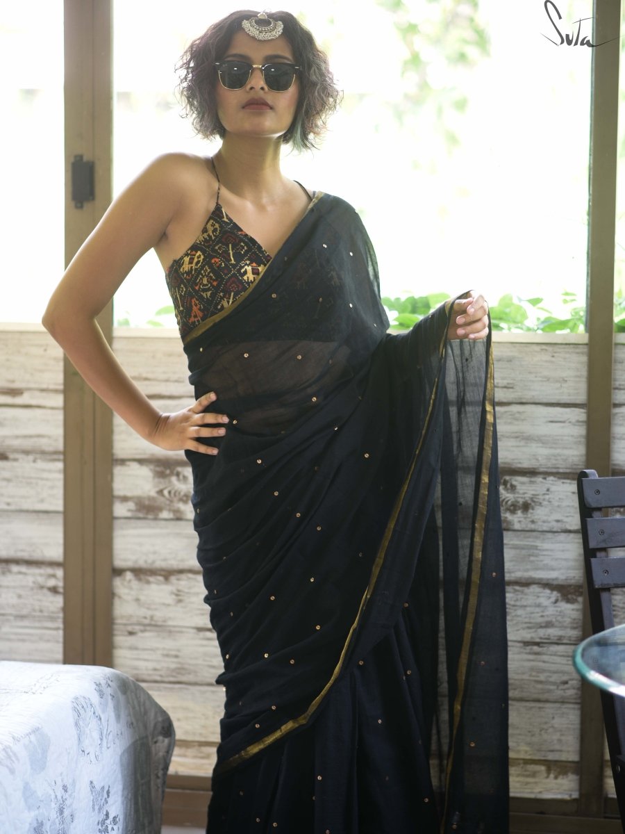 Black Handloom Cotton Soft Saree With Sequins