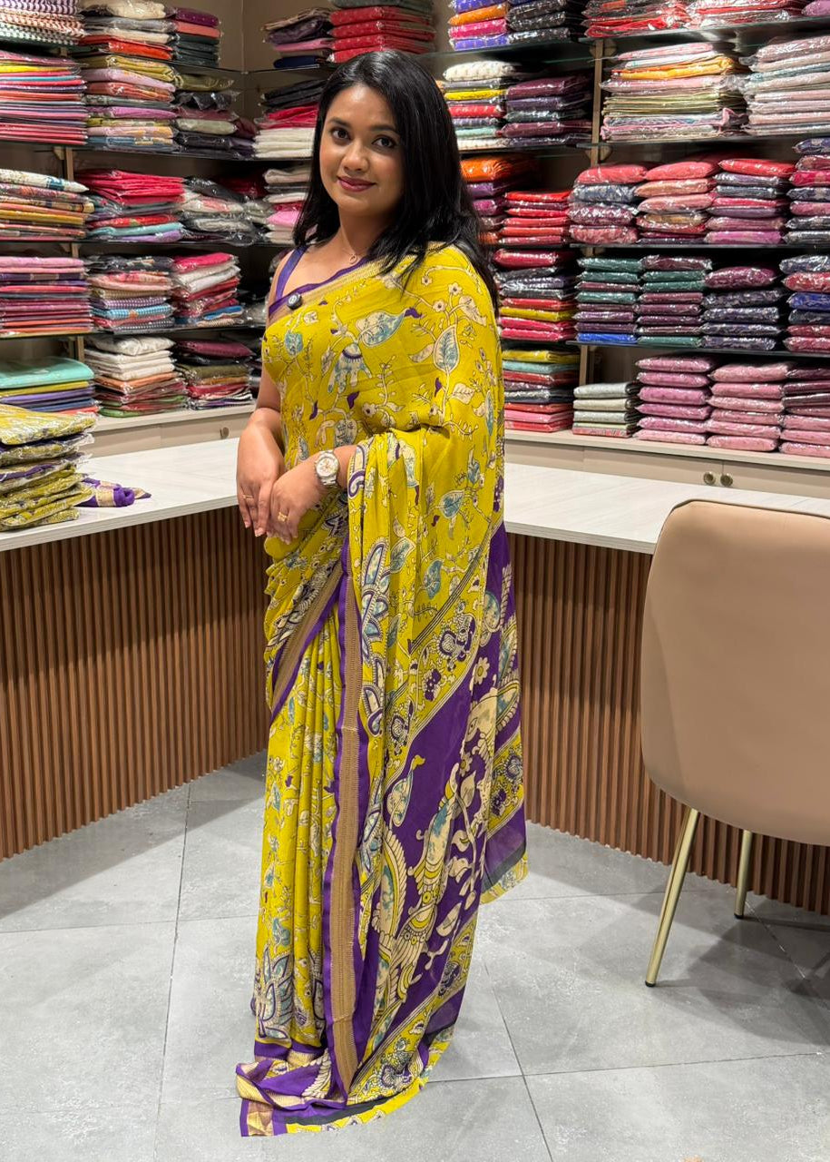 Pure Cotton Chiffon Kalamkari Viscose Jacqard Border Saree