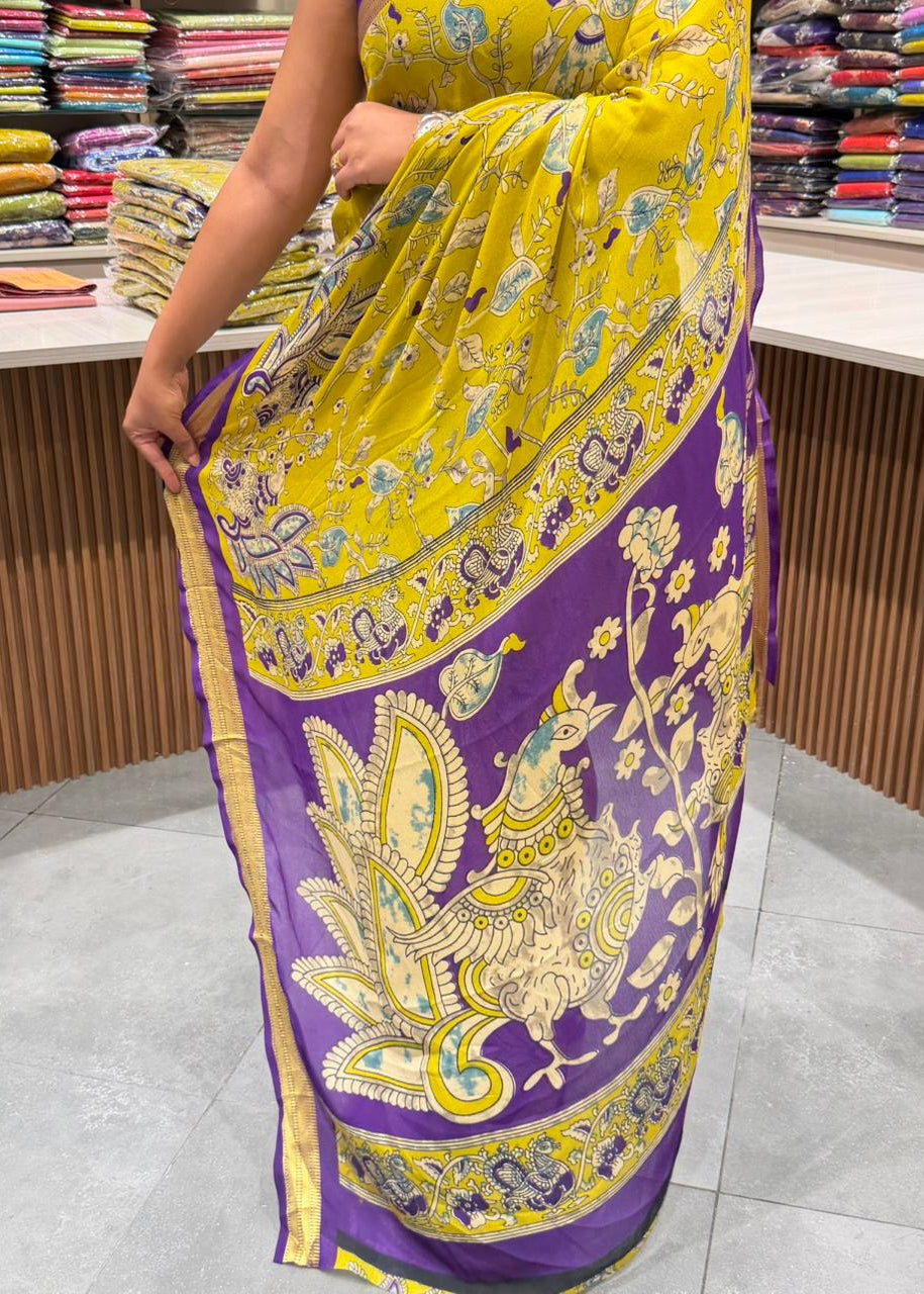 Pure Cotton Chiffon Kalamkari Viscose Jacqard Border Saree