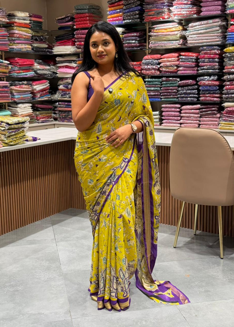 Pure Cotton Chiffon Kalamkari Viscose Jacqard Border Saree