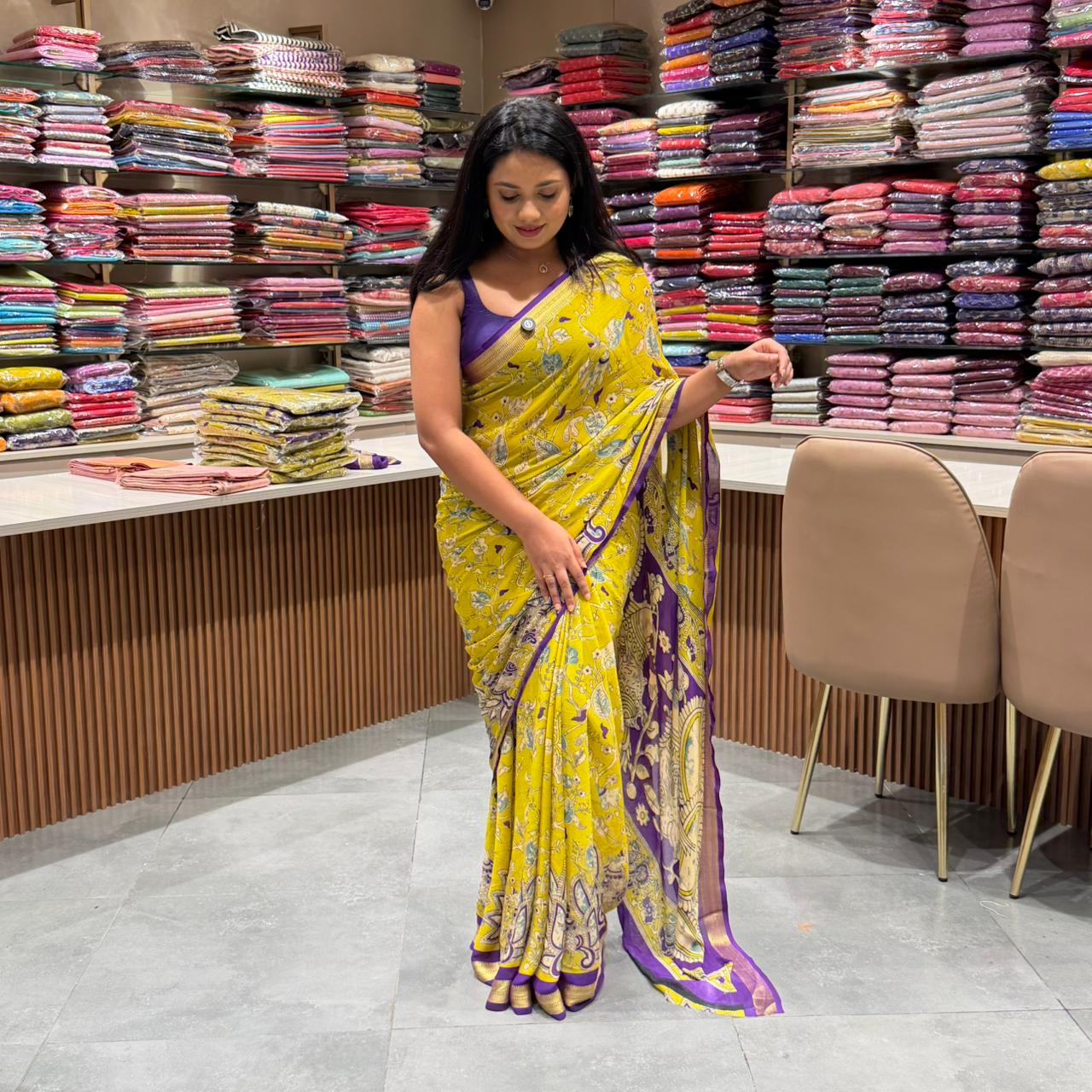 Pure Cotton Chiffon Kalamkari Viscose Jacqard Border Saree