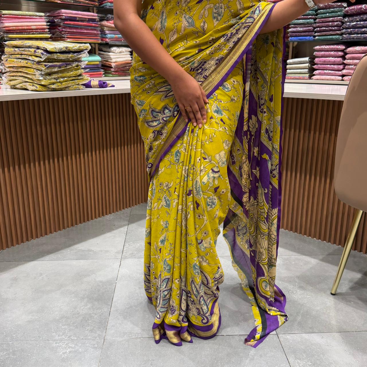 Pure Cotton Chiffon Kalamkari Viscose Jacqard Border Saree