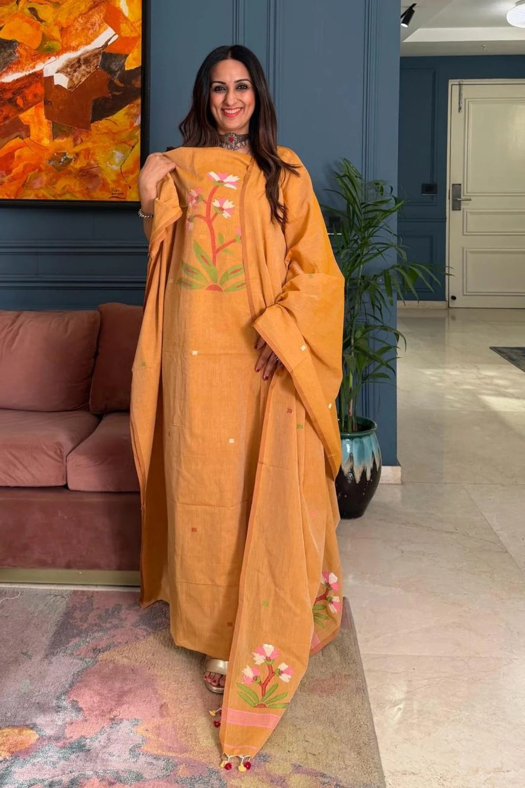 Pure Muga Cotton Jamndani Floral Woven Unstitched Suit - Orange