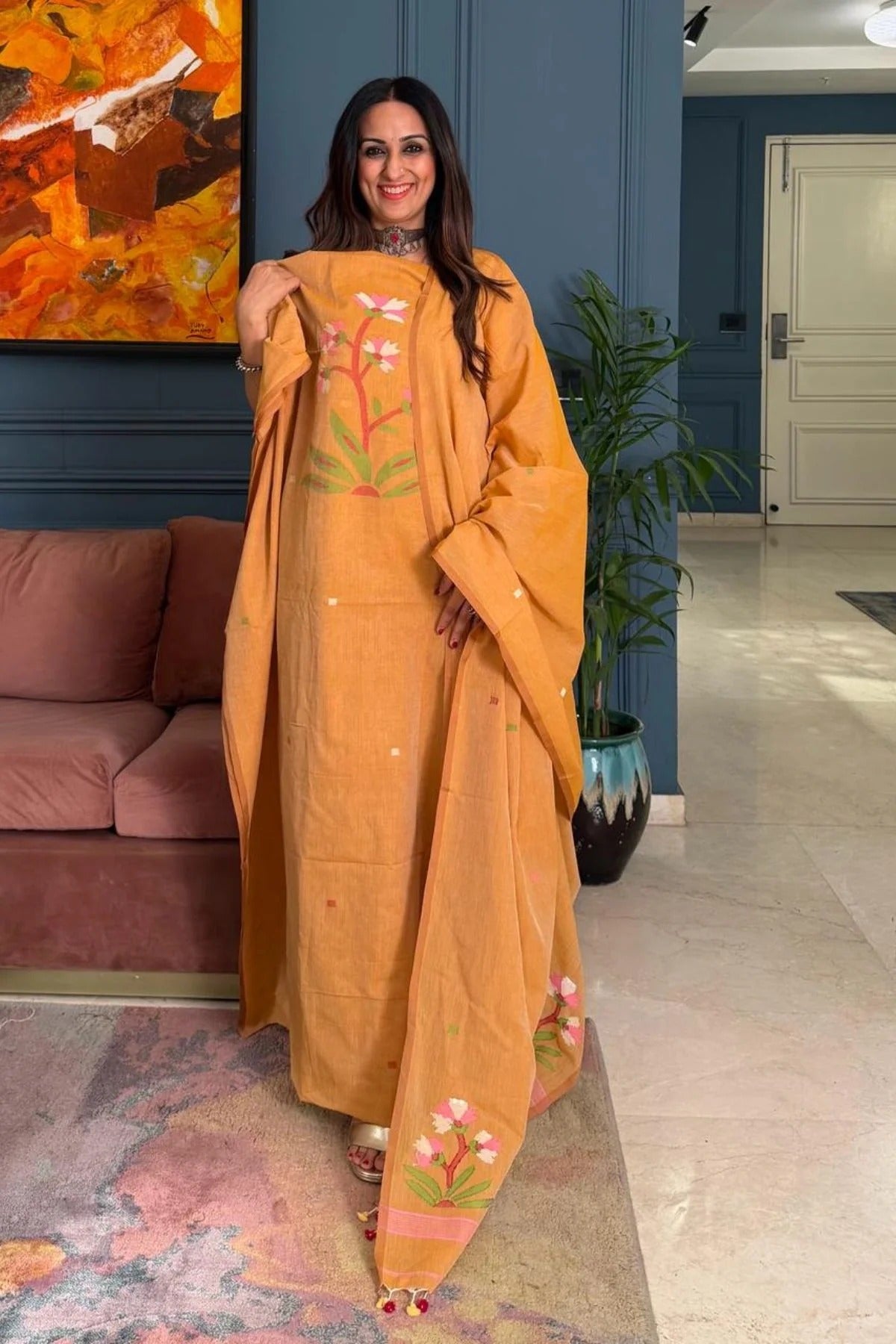 Pure Muga Cotton Jamndani Floral Woven Unstitched Suit - Orange