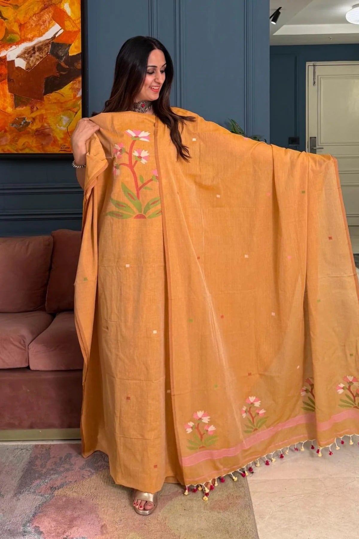 Pure Muga Cotton Jamndani Floral Woven Unstitched Suit - Orange