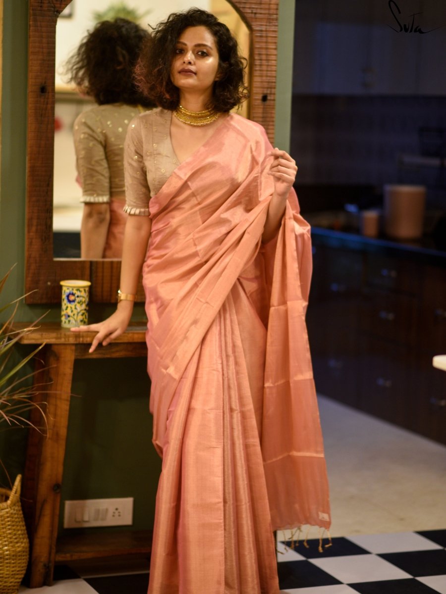 Peach Color Chanderi Zari Tissue Silk Saree With Tassels