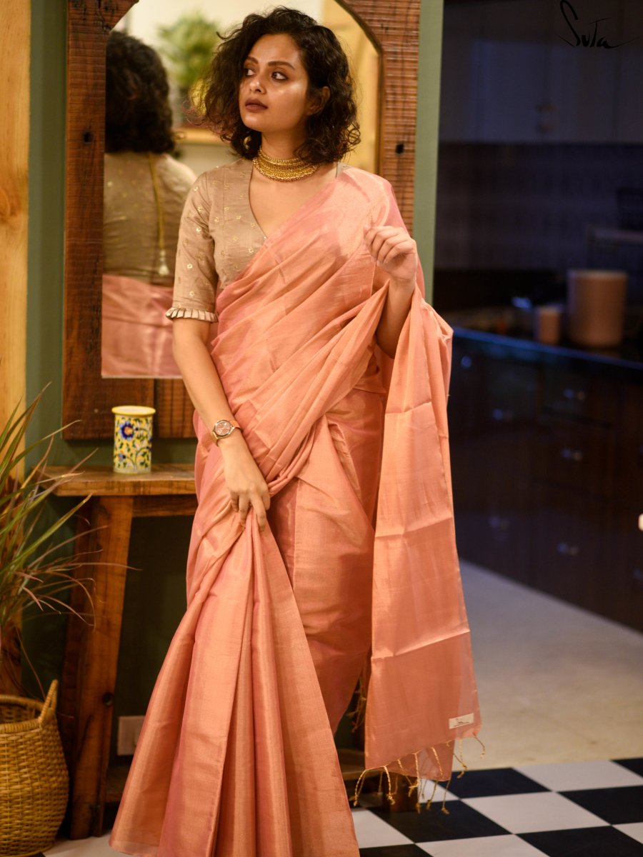 Peach Color Chanderi Zari Tissue Silk Saree With Tassels