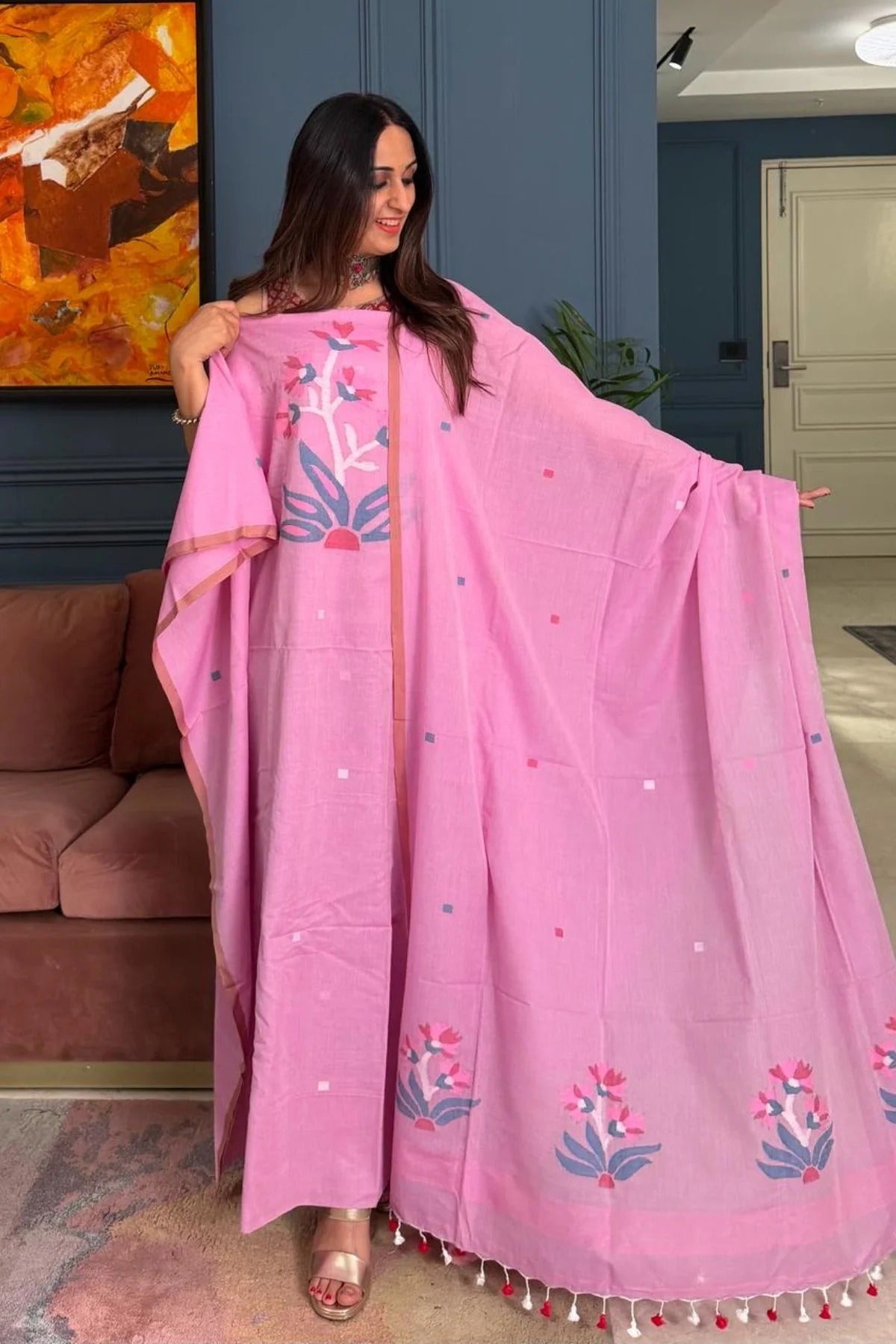 Pure Muga Cotton Jamndani Floral Woven Unstitched Suit - Pink
