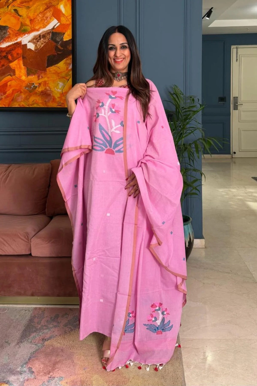 Pure Muga Cotton Jamndani Floral Woven Unstitched Suit - Pink