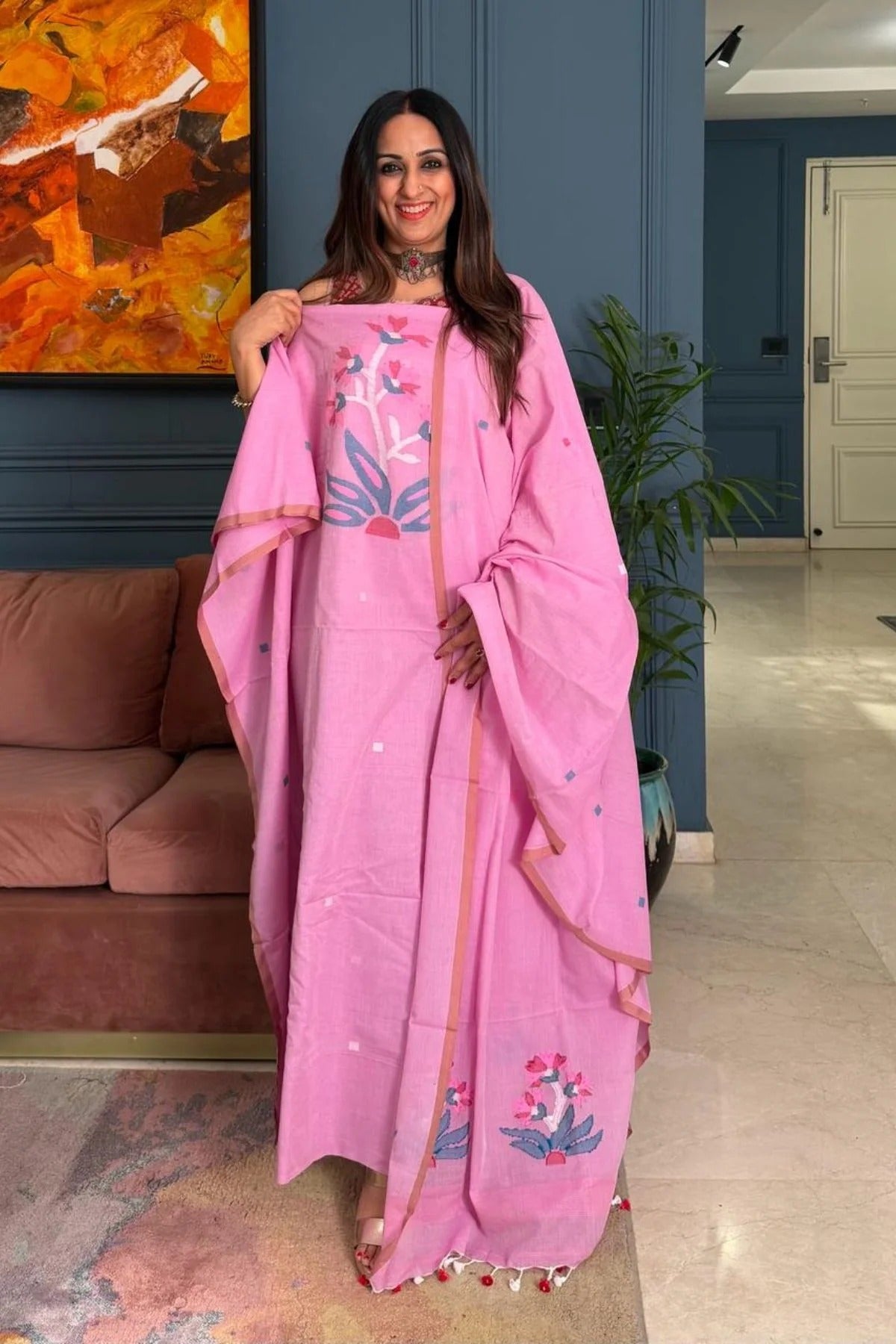 Pure Muga Cotton Jamndani Floral Woven Unstitched Suit - Pink