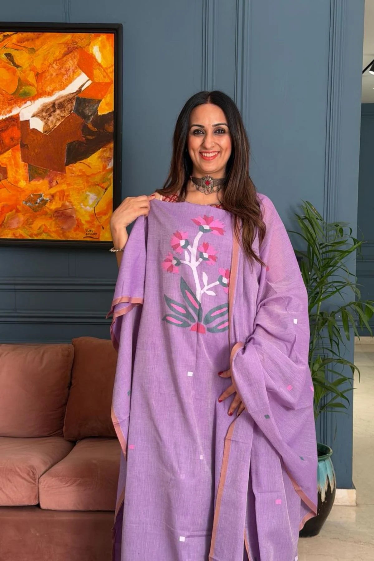 Pure Muga Cotton Jamndani Floral Woven Unstitched Suit - lavendar