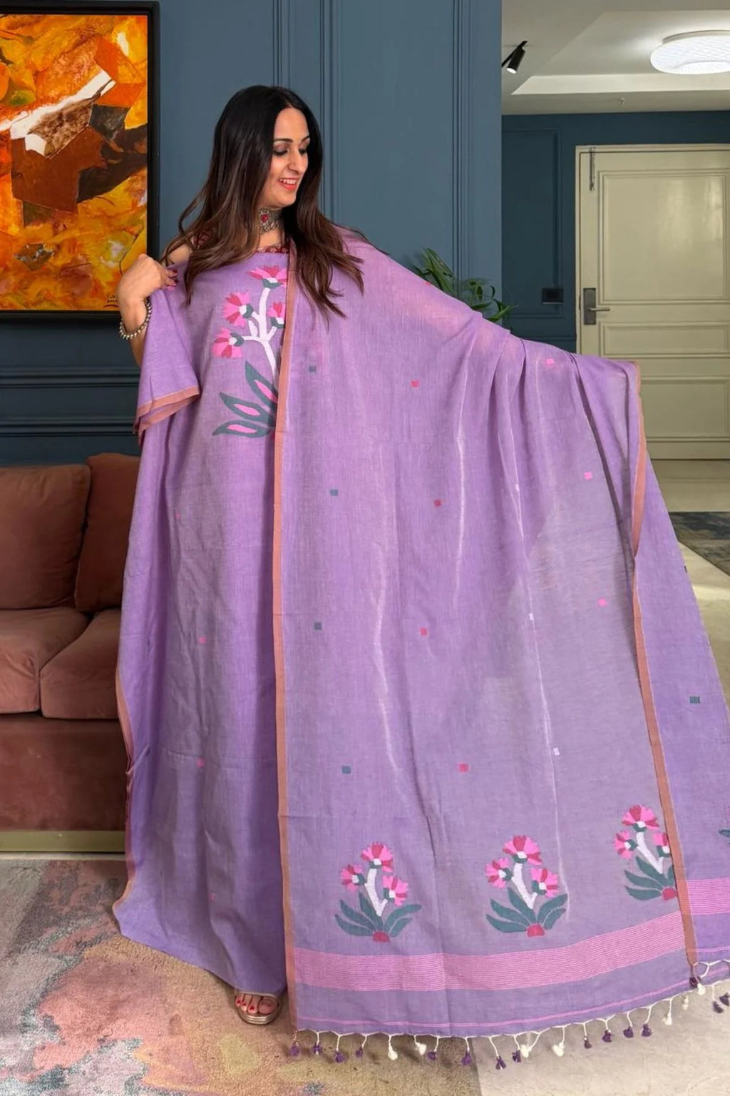 Pure Muga Cotton Jamndani Floral Woven Unstitched Suit - lavendar