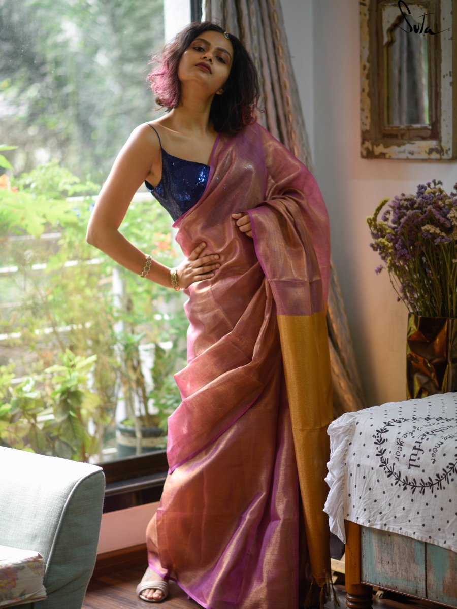 Pink Gold Linen Zari Saree With Blouse Piece