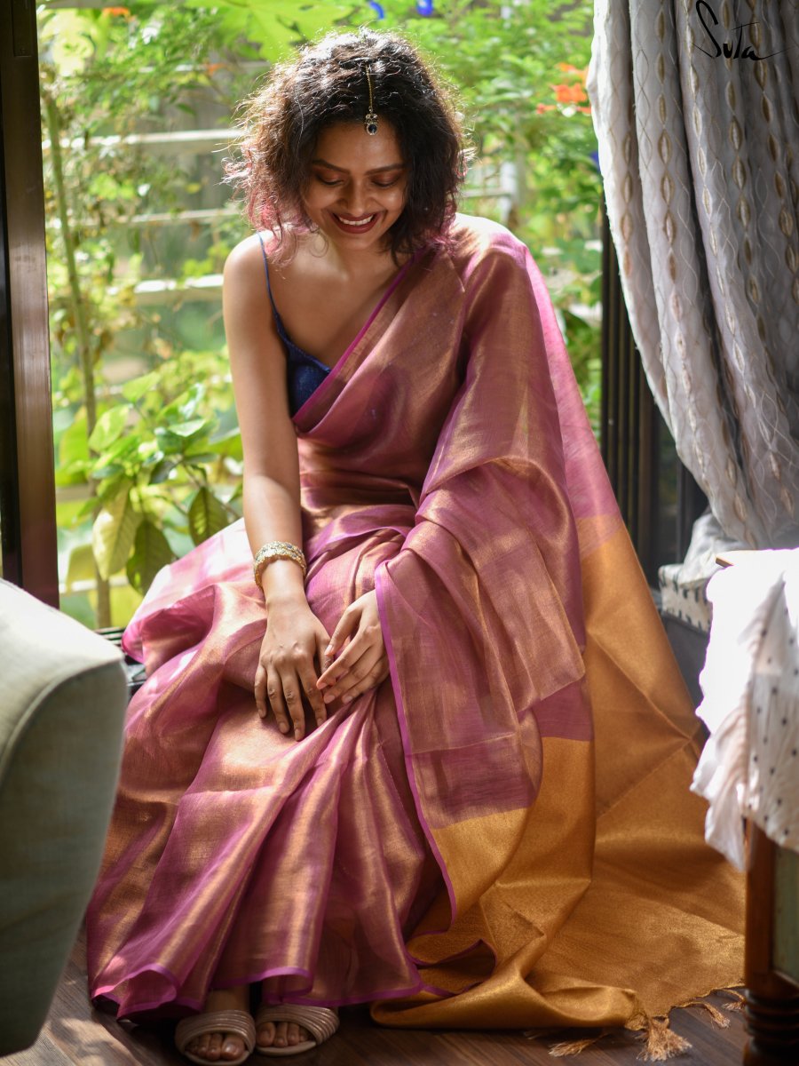 Pink Gold Linen Zari Saree With Blouse Piece