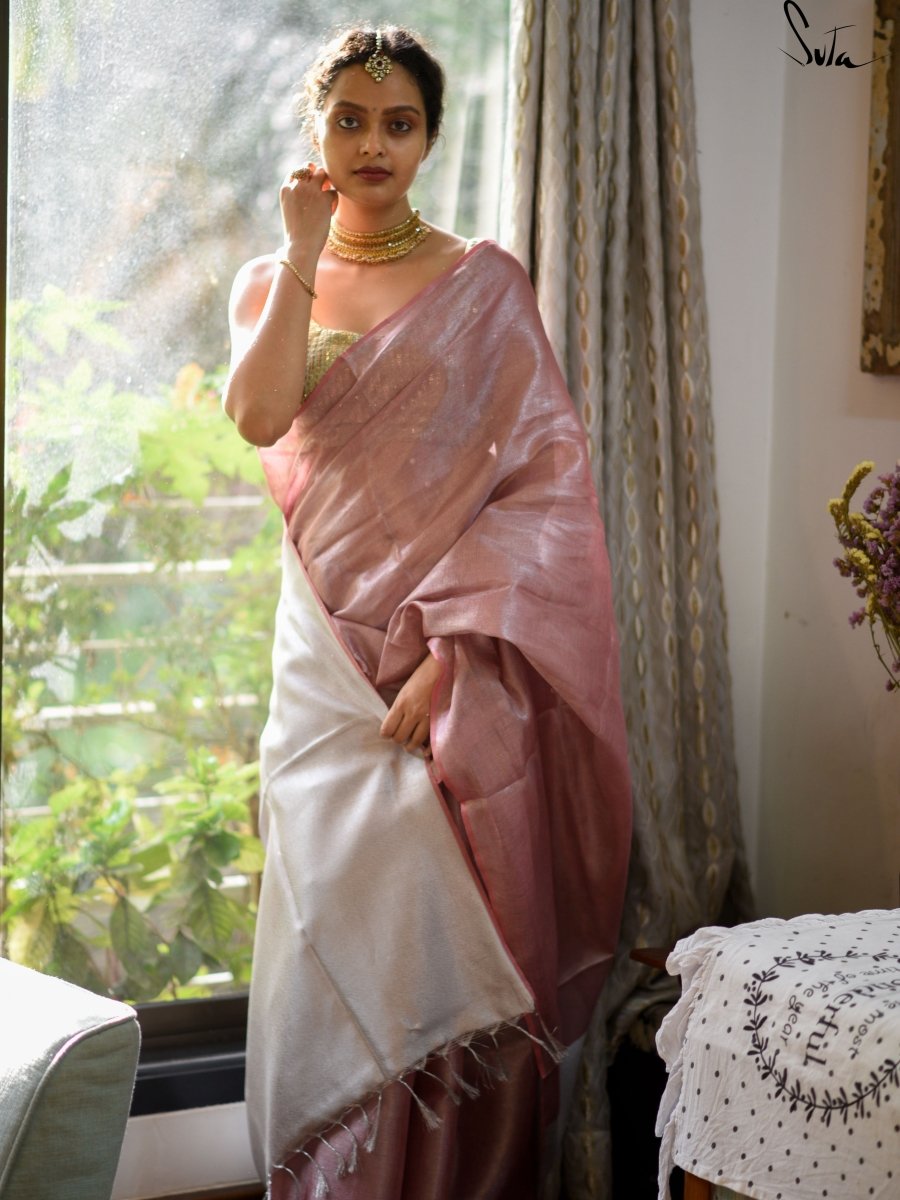 Pink And Silver Linen Zari Saree With Blouse Piece