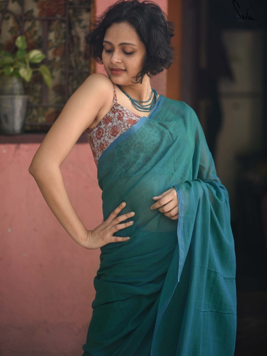 Green Blue Dhoop Chaon Soft Mulmul Cotton Saree