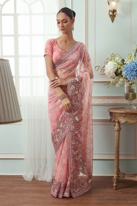 Blush Pink Net Saree With Multicolour Foliage Embroidery And Sequin Chevron Patterns