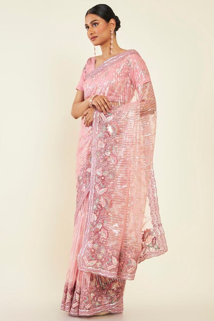 Blush Pink Net Saree With Multicolour Foliage Embroidery And Sequin Chevron Patterns