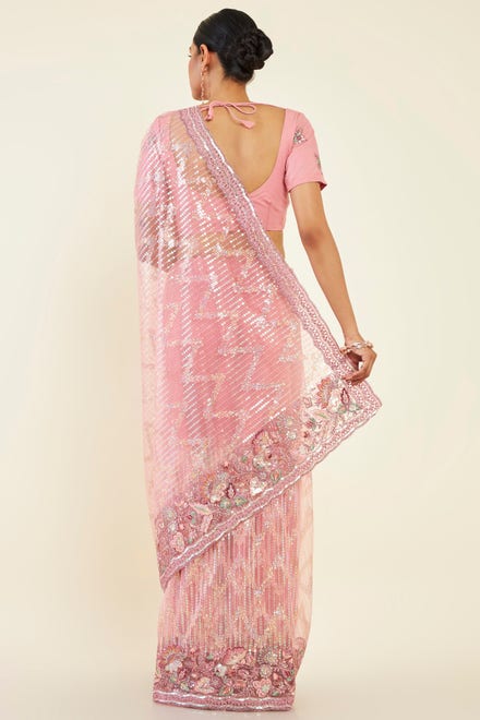 Blush Pink Net Saree With Multicolour Foliage Embroidery And Sequin Chevron Patterns