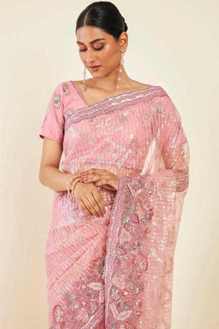 Blush Pink Net Saree With Multicolour Foliage Embroidery And Sequin Chevron Patterns