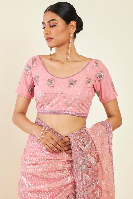 Blush Pink Net Saree With Multicolour Foliage Embroidery And Sequin Chevron Patterns