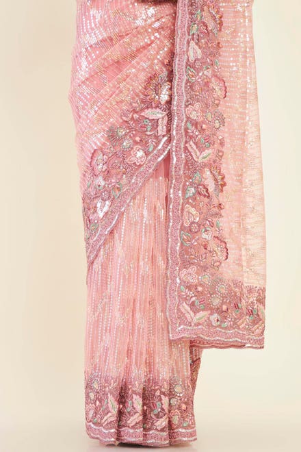 Blush Pink Net Saree With Multicolour Foliage Embroidery And Sequin Chevron Patterns