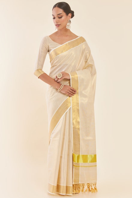 Gold Tissue Kasavu Saree With Zari Pallu And Borders