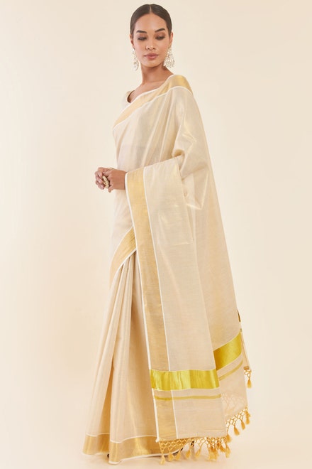 Gold Tissue Kasavu Saree With Zari Pallu And Borders