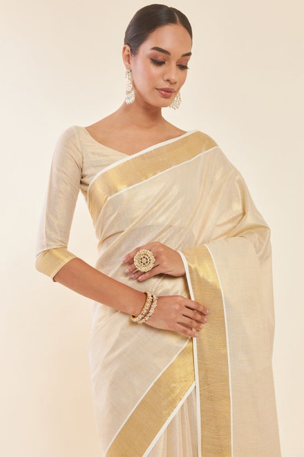 Gold Tissue Kasavu Saree With Zari Pallu And Borders