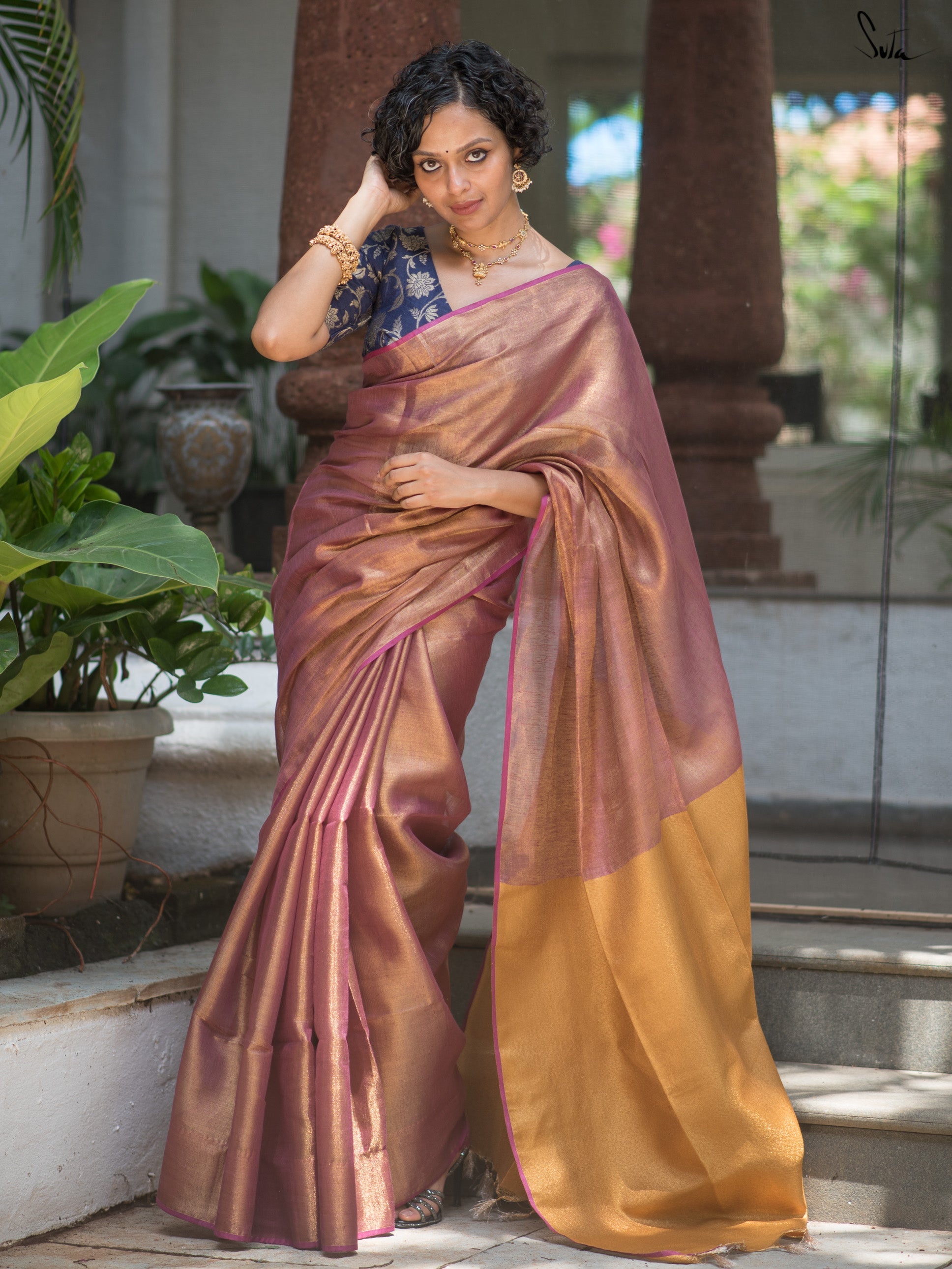 Pink Gold Linen Zari Saree With Blouse Piece