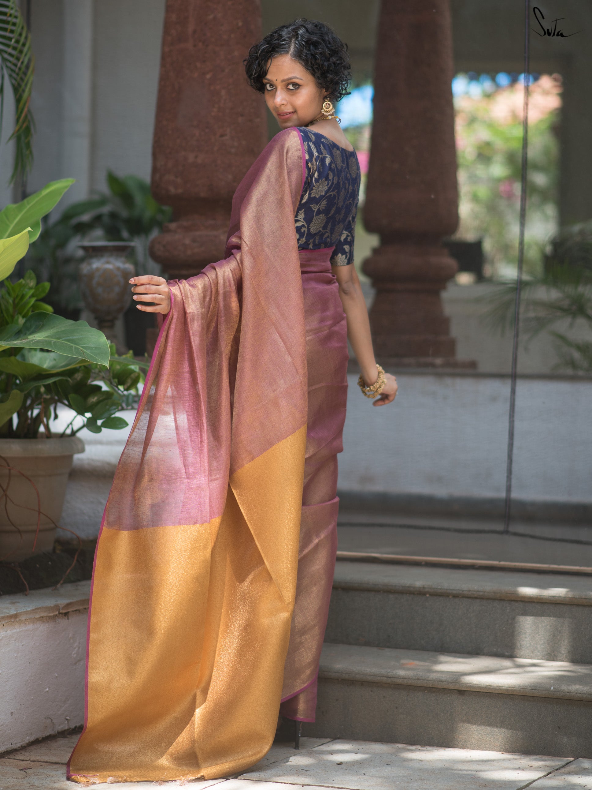 Pink Gold Linen Zari Saree With Blouse Piece