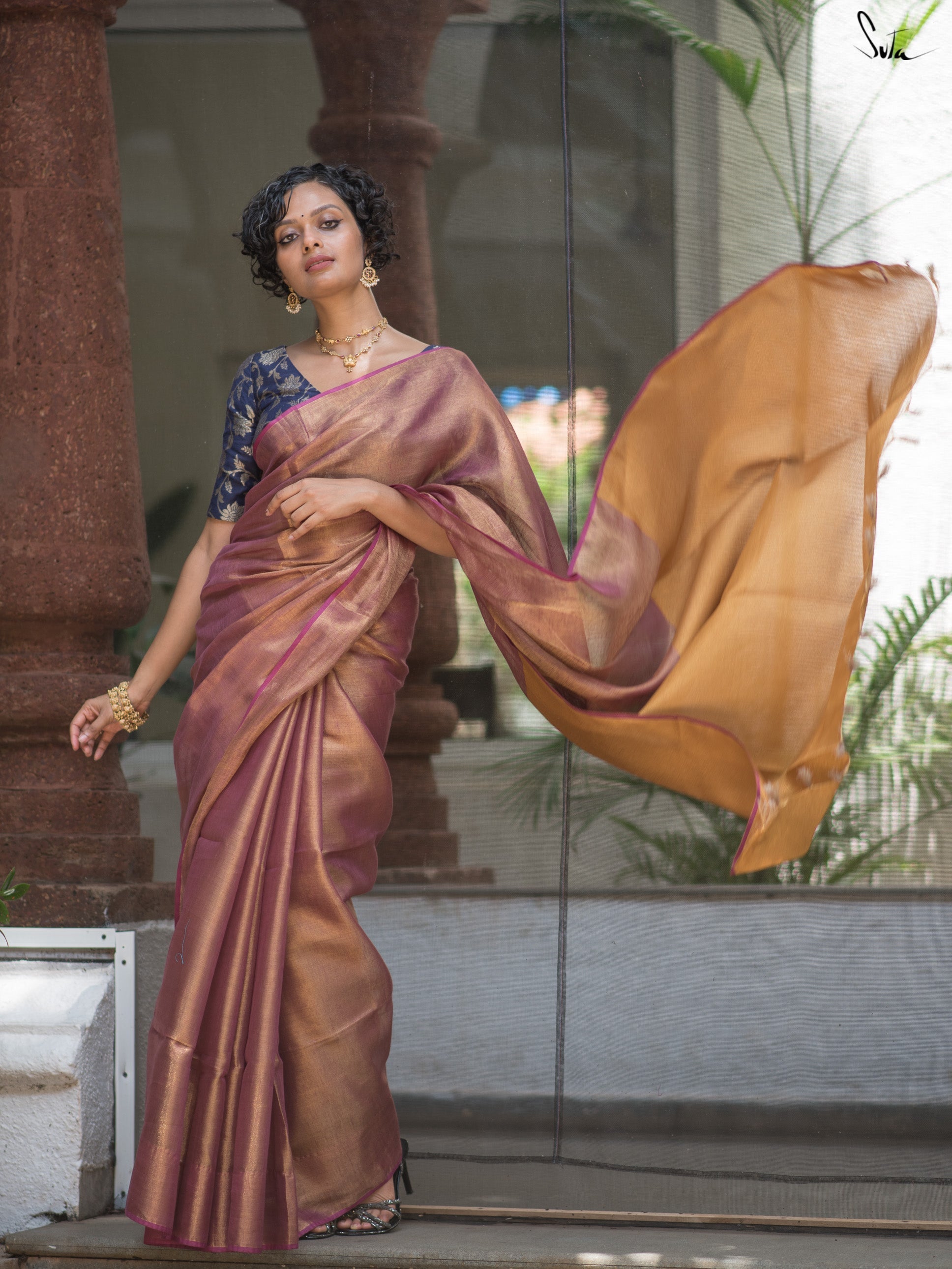 Pink Gold Linen Zari Saree With Blouse Piece